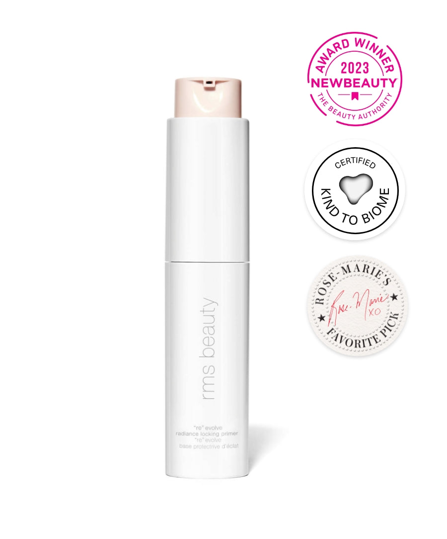 ReEvolve Radiance Locking Primer by rms beauty in a sleek white bottle, shown with award badges highlighting clean beauty, sustainable packaging, and dermatologist-tested benefits.