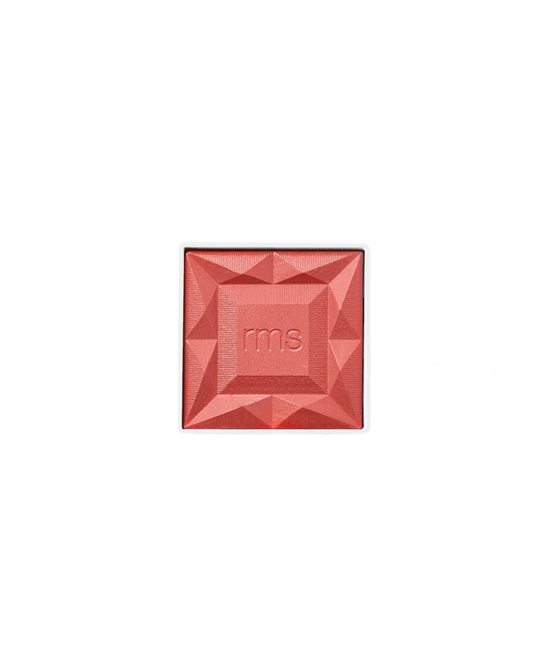 ReDimension Hydra Powder Blush in a coral-pink shade with a geometric embossed design, featuring clean beauty ingredients and sustainable packaging by RMS Beauty.
