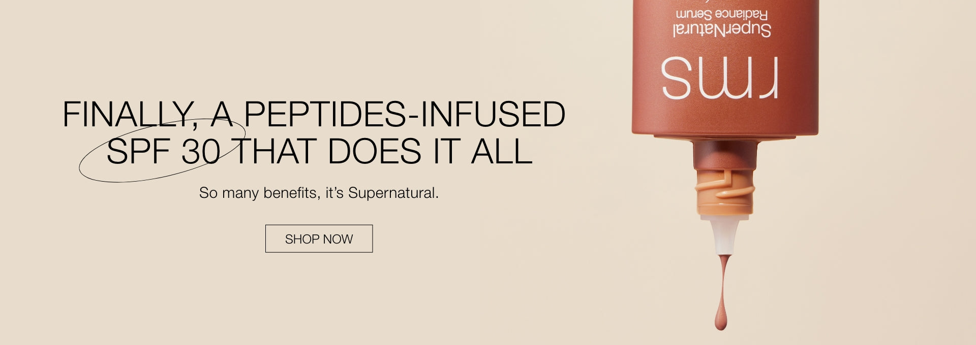 An upside-down tube of RMS Beauty sunscreen dispensing a drop of product against a soft beige background with text highlighting a peptides-infused SPF 30.