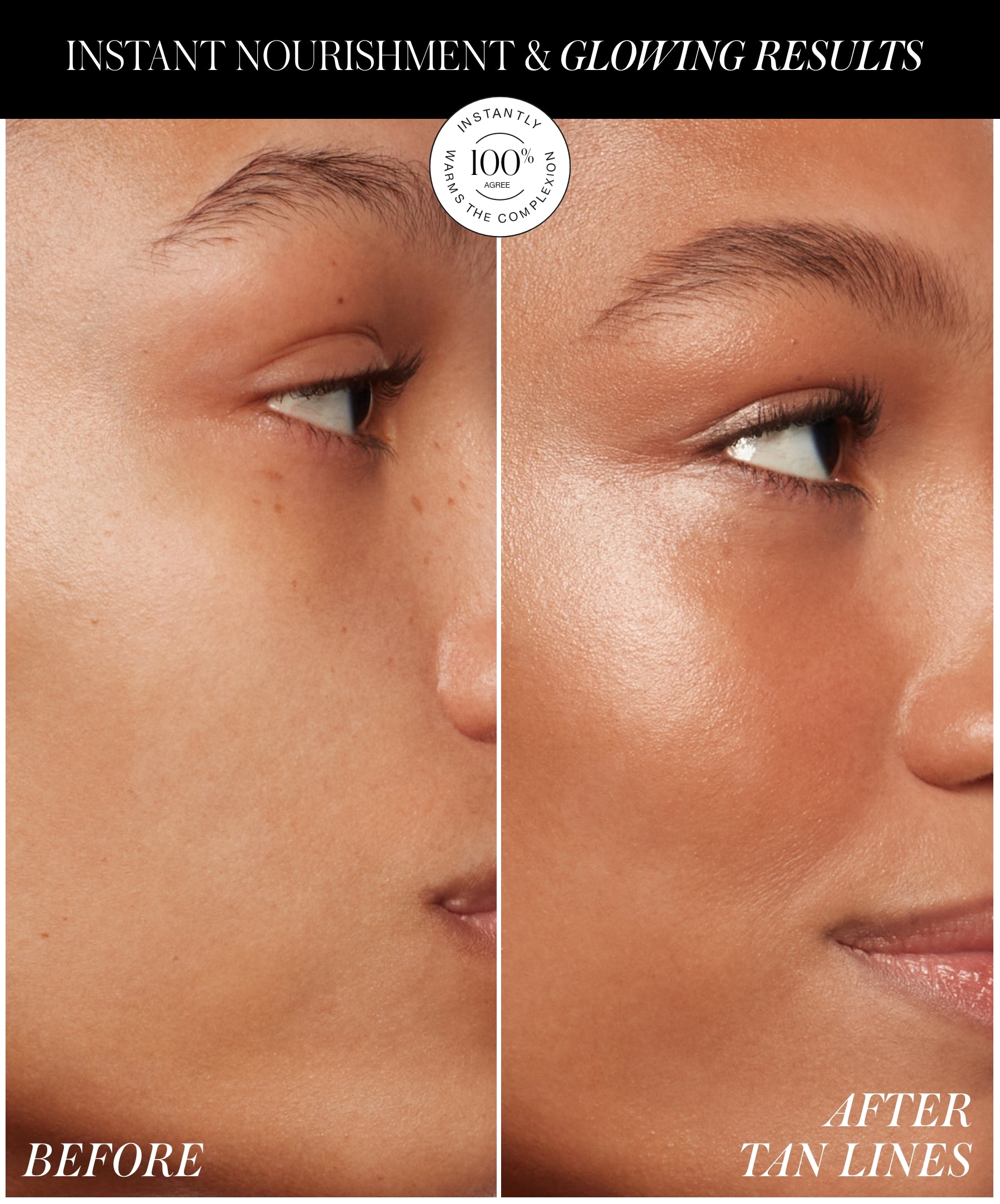 Close-up comparison of a woman's face before and after using ReDimension Hydra Bronzer, showing enhanced skin glow, a nourished complexion, and smooth, radiant tan lines effect.