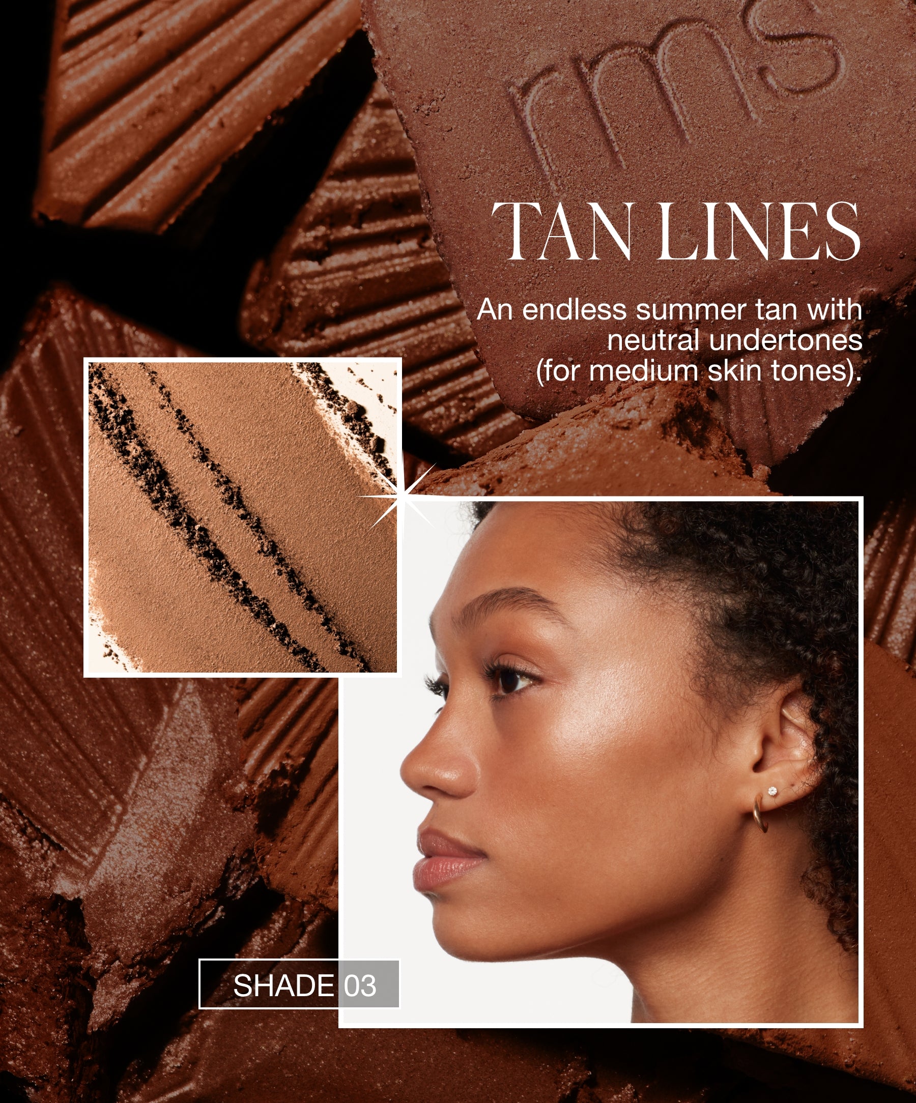 Close-up of tan-colored ReDimension Hydra Bronzer powder with neutral undertones, alongside a profile of a woman with medium skin tone showcasing a natural makeup look.