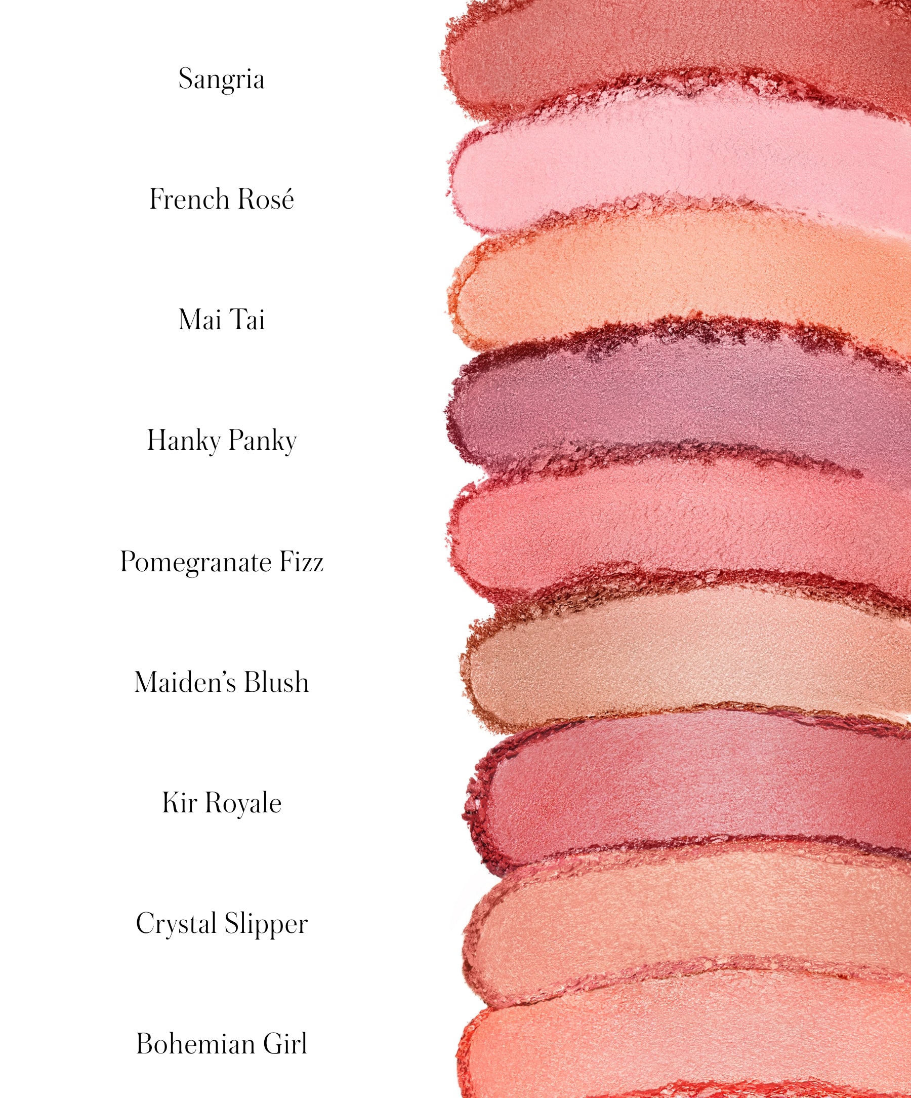Swatches of ReDimension Hydra Powder Blush in nine shades including Sangria, French Rosé, Mai Tai, Hanky Panky, Pomegranate Fizz, Maiden’s Blush, Kir Royale, Crystal Slipper, and Bohemian Girl, showcasing natural and clean beauty tones.