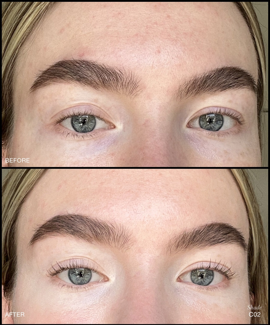 Close-up comparison of eyes before and after using Revitalize Hydra Concealer in shade C02, showing smoother skin tone and enhanced brightening effect under the eyes with natural ingredients and clean beauty benefits.