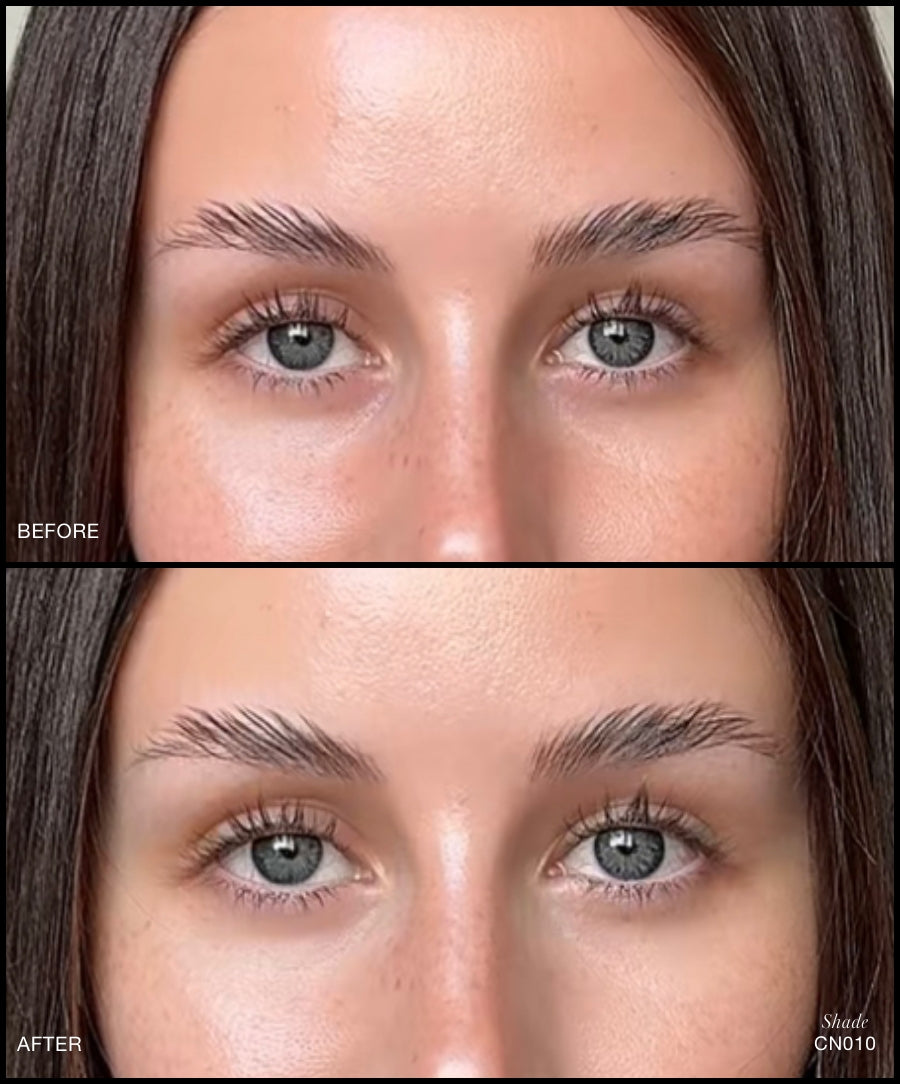 Close-up comparison of a woman's under-eye area before and after applying Revitalize Hydra Concealer, showing a smoother and more even complexion with clean beauty and natural ingredients.