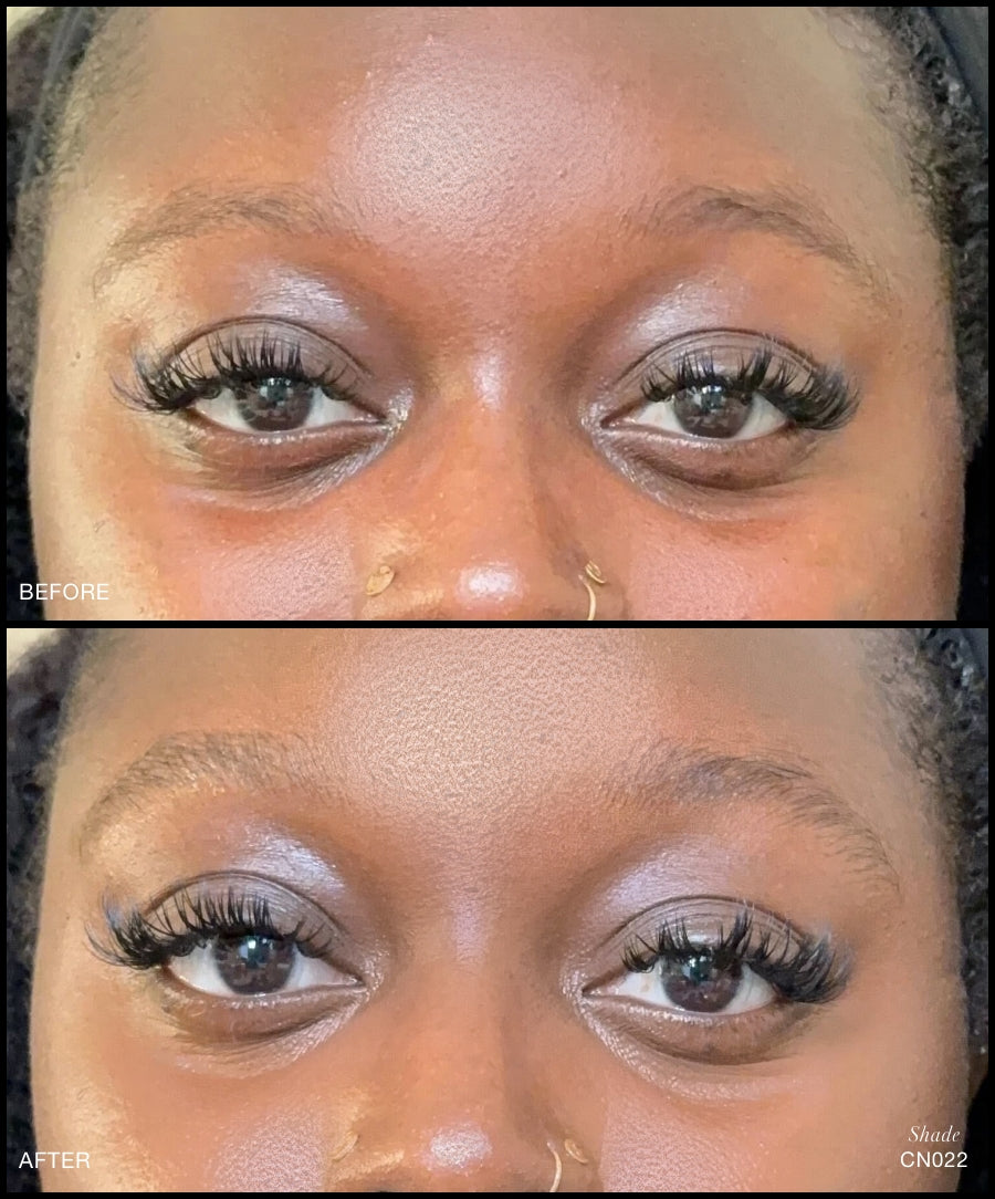 Close-up before and after comparison of a woman's eyes showing smoother, more even skin tone under the eyes using Revitalize Hydra Concealer with natural finish and clean beauty appeal.