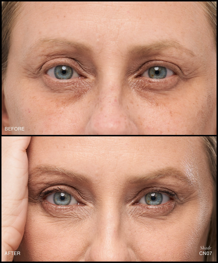 Close-up before and after images showing the visible reduction of dark circles and fine lines around the eyes using Revitalize Hydra Concealer in shade CN07.