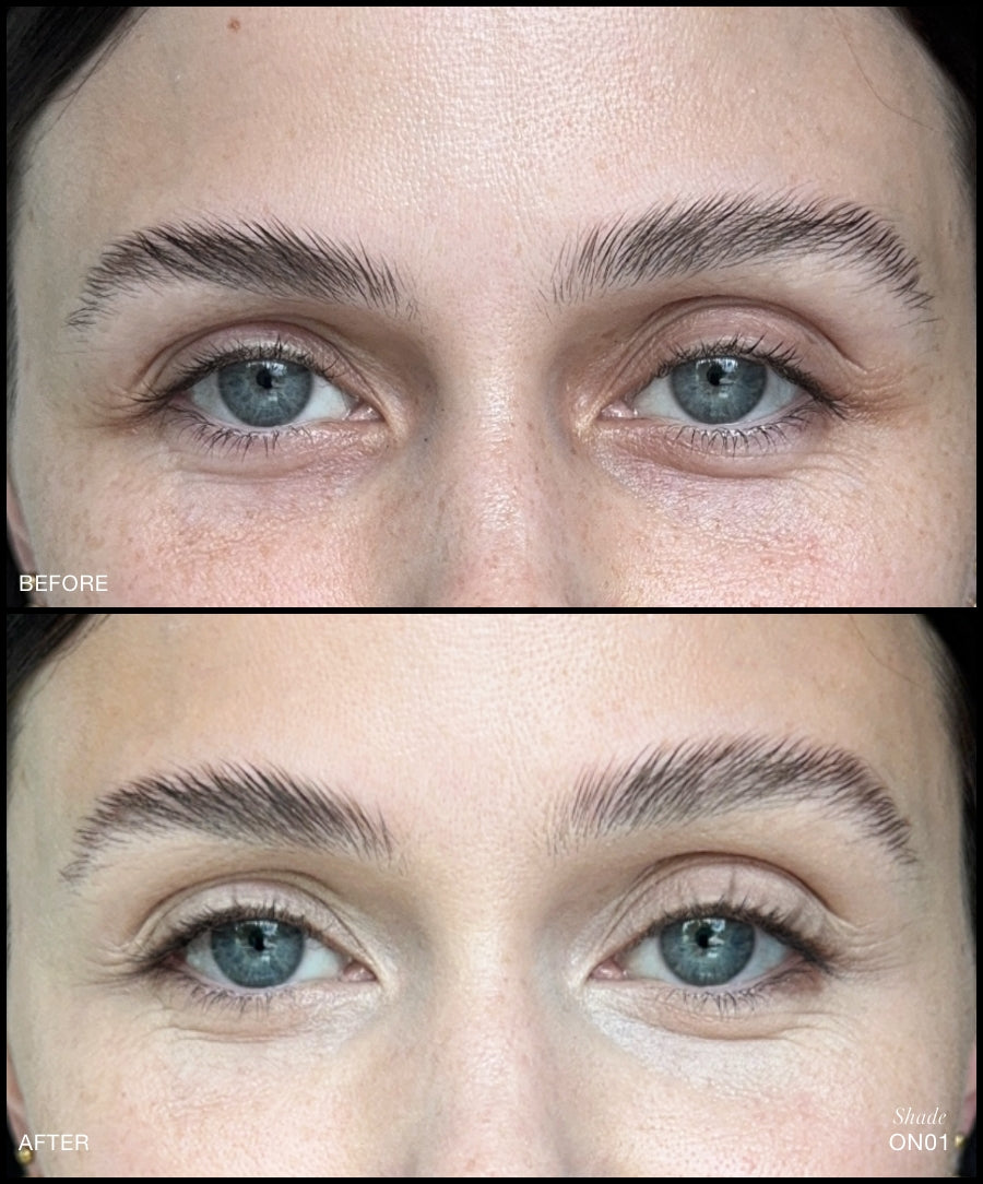 Close-up comparison of eyes showing natural skin blemishes and dark circles in the before image and smooth, brightened under-eye area in the after image using Revitalize Hydra Concealer shade ON01 for clean beauty makeup effect.