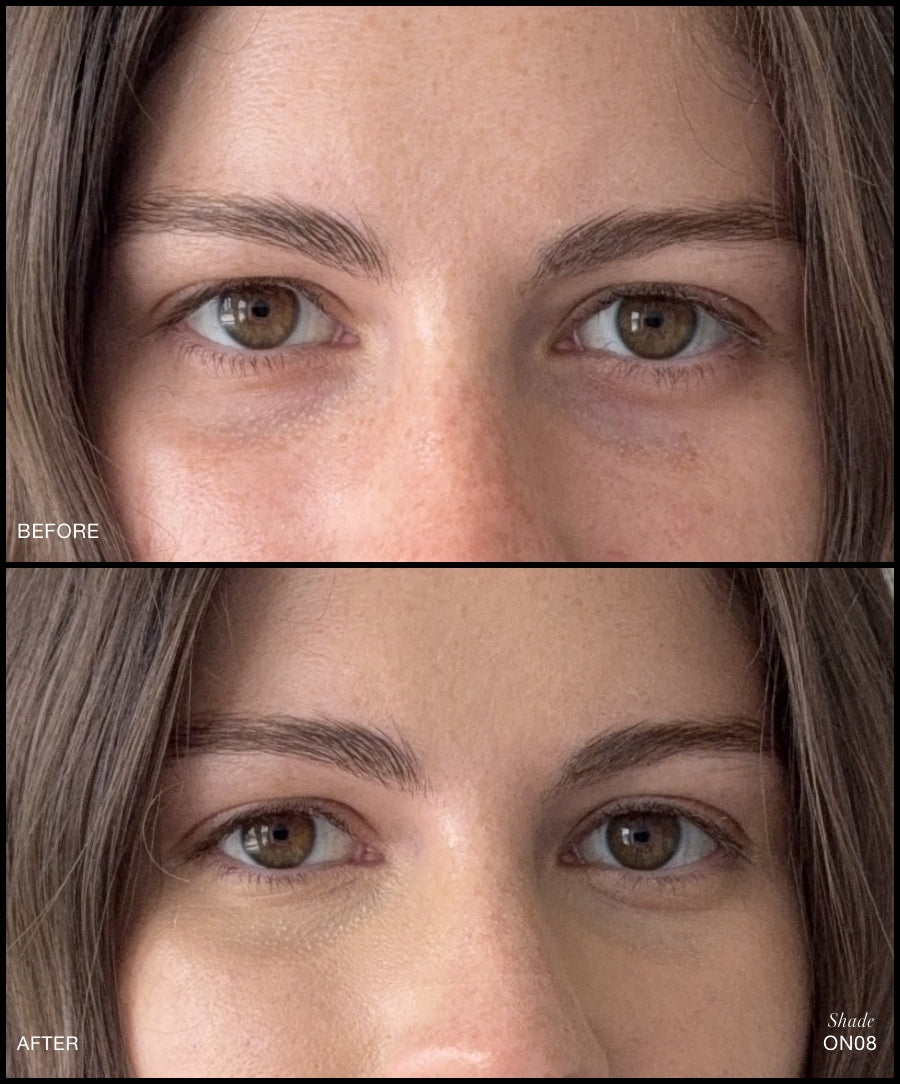 Close-up comparison of a woman's under-eye area before and after applying Revitalize Hydra Concealer in shade ON08, showing a natural, smooth finish with reduced dark circles.