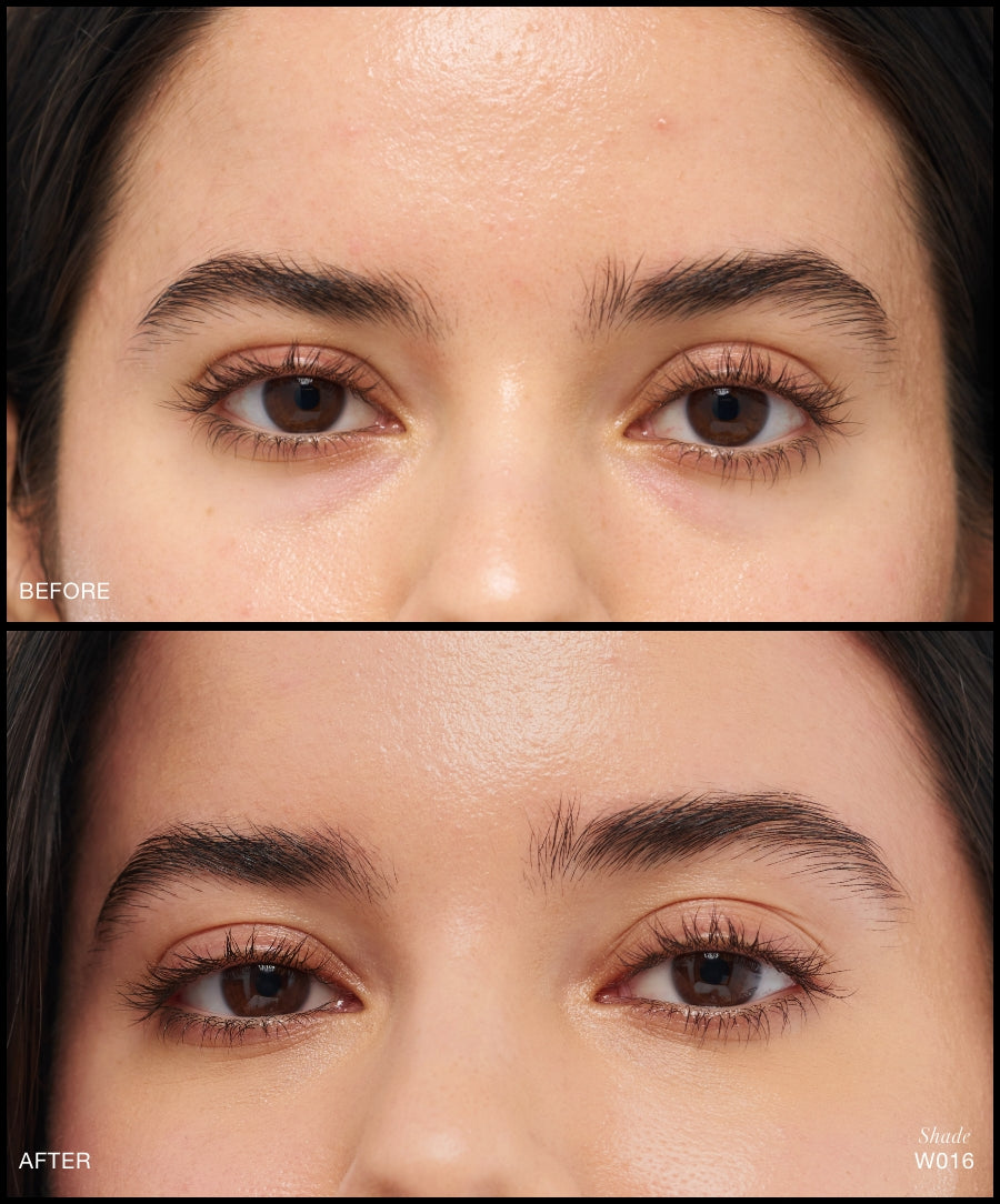Close-up before and after comparison of a woman's eyes and forehead showcasing the natural, smooth coverage of Revitalize Hydra Concealer in shade W016, highlighting clean beauty and skincare infused makeup benefits.