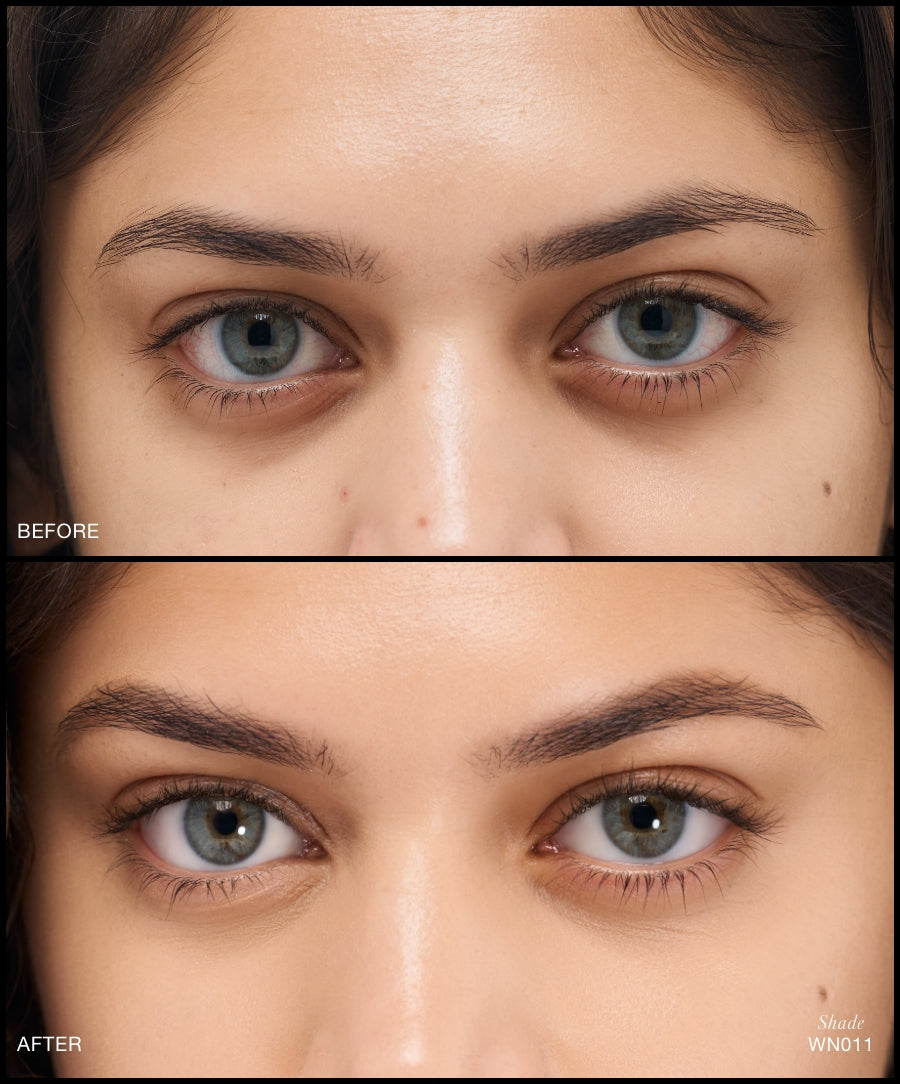 Close-up before and after comparison of eyes showing reduced dark circles and even skin tone using Revitalize Hydra Concealer, highlighting clean beauty and natural ingredients benefits.