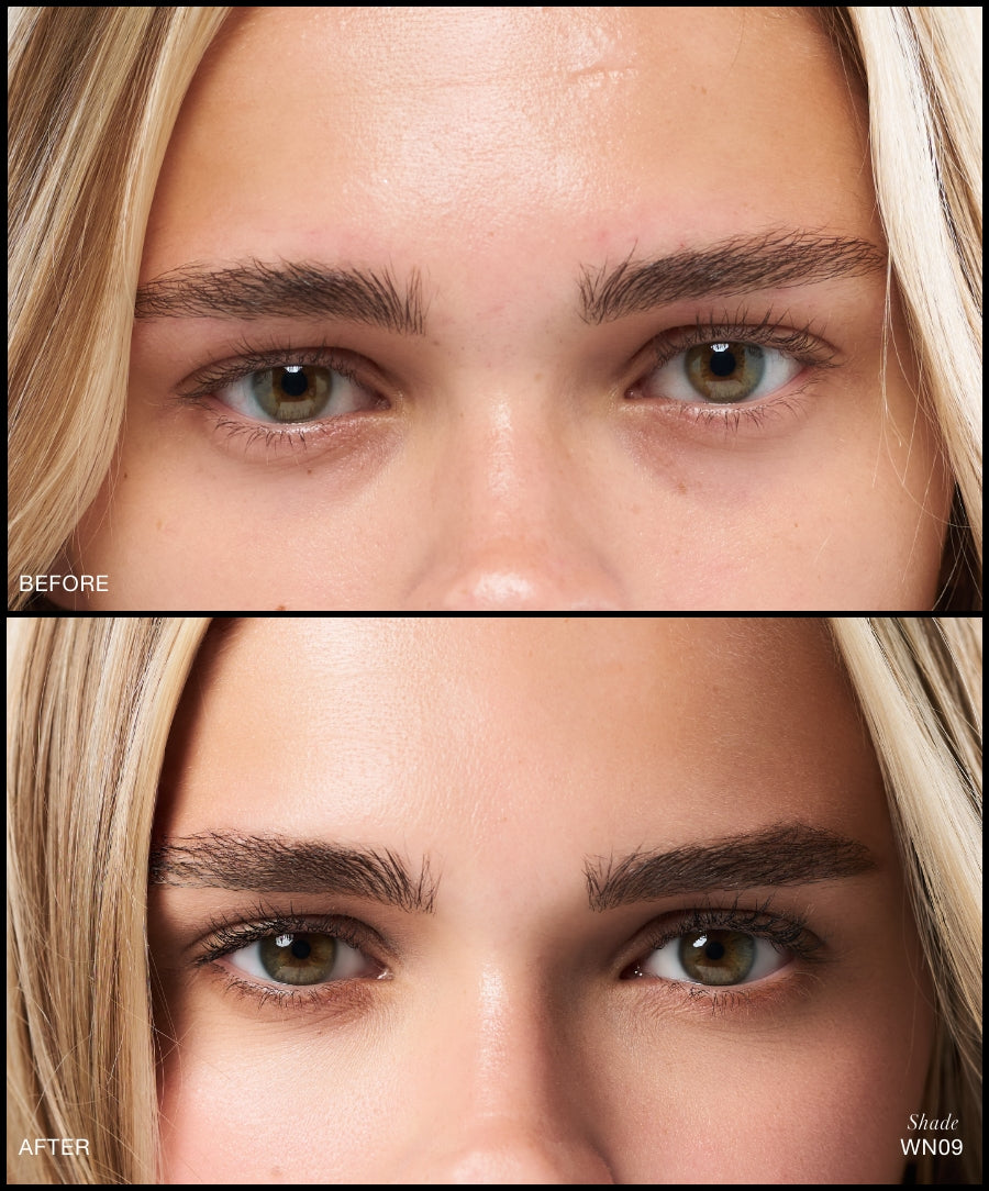 Close-up before and after comparison of a woman's eye area showing smooth, even-toned skin and reduced under-eye discoloration using Revitalize Hydra Concealer shade WN09.