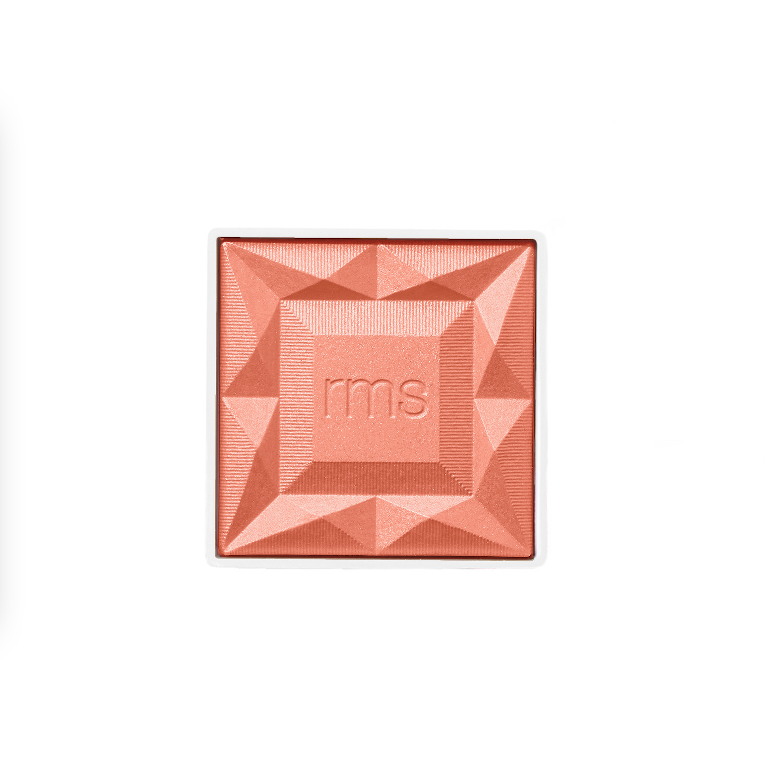 ReDimension Hydra Powder Blush in a peachy coral shade with a geometric embossed design, featuring clean beauty ingredients and cruelty-free makeup by RMS Beauty.