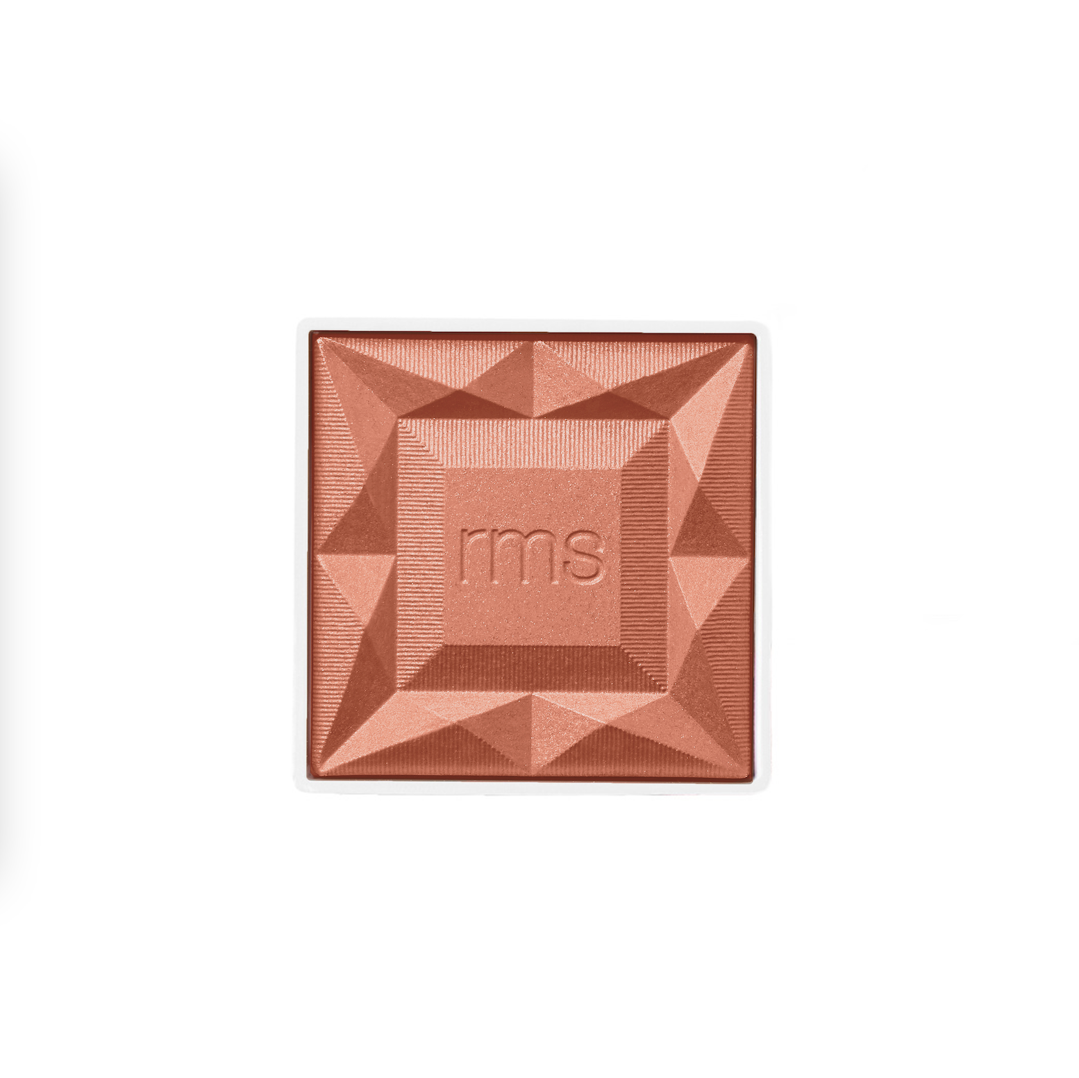 ReDimension Hydra Powder Blush in a warm terracotta shade with a geometric, faceted design embossed with "rms," showcasing clean beauty and sustainable packaging qualities.
