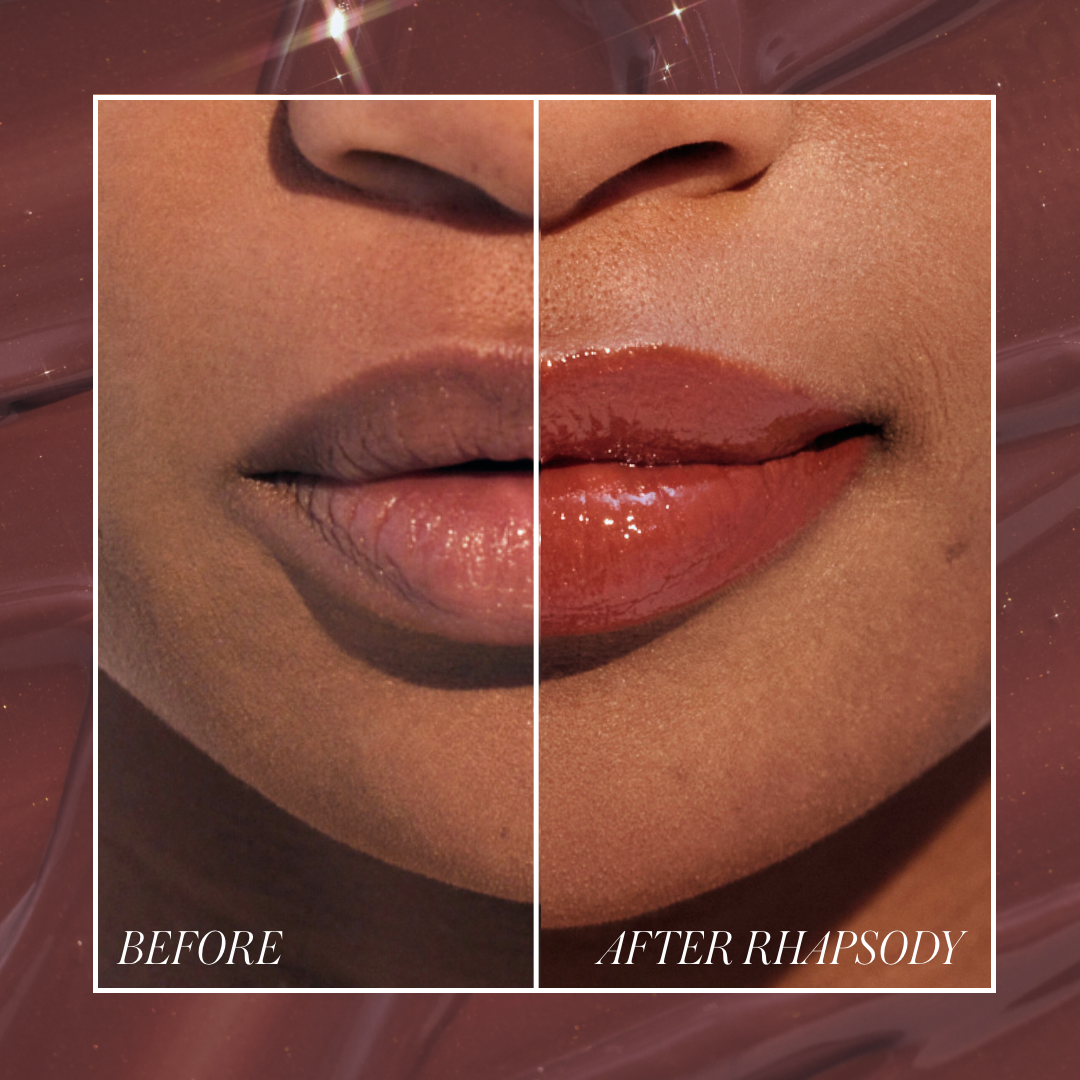 Close-up of lips before and after applying Liplights Cream Lip Gloss in a warm, glossy shade, showcasing a natural and hydrated look with clean beauty appeal.