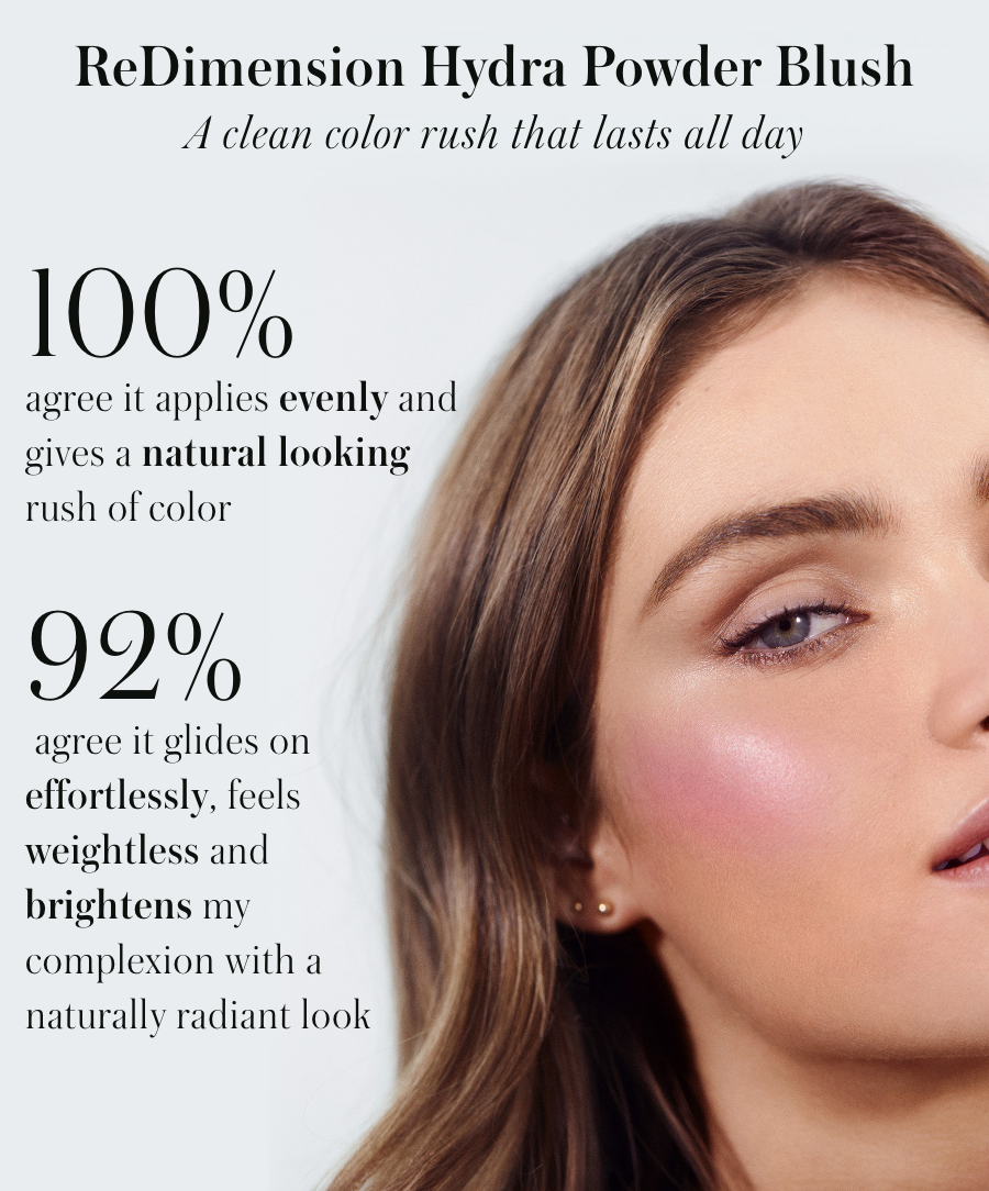 Close-up of a woman wearing ReDimension Hydra Powder Blush, showcasing a natural, radiant color on her cheeks, highlighting the product’s even application and weightless feel.