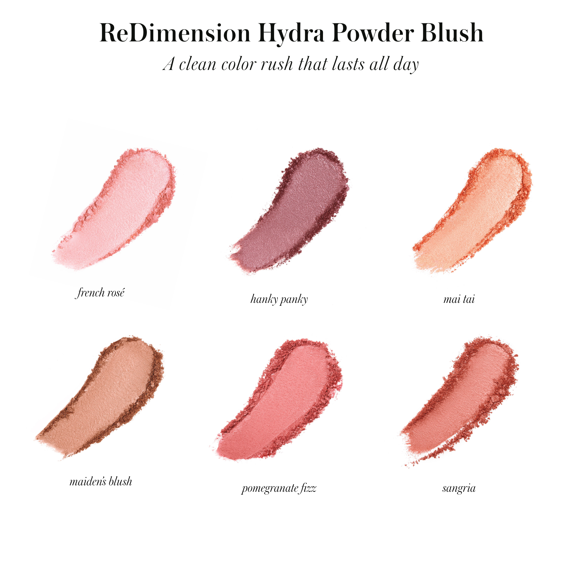 Swatches of six shades of ReDimension Hydra Powder Blush in soft pink, mauve, peach, warm brown, coral, and rose tones, showcasing clean beauty and natural ingredients.