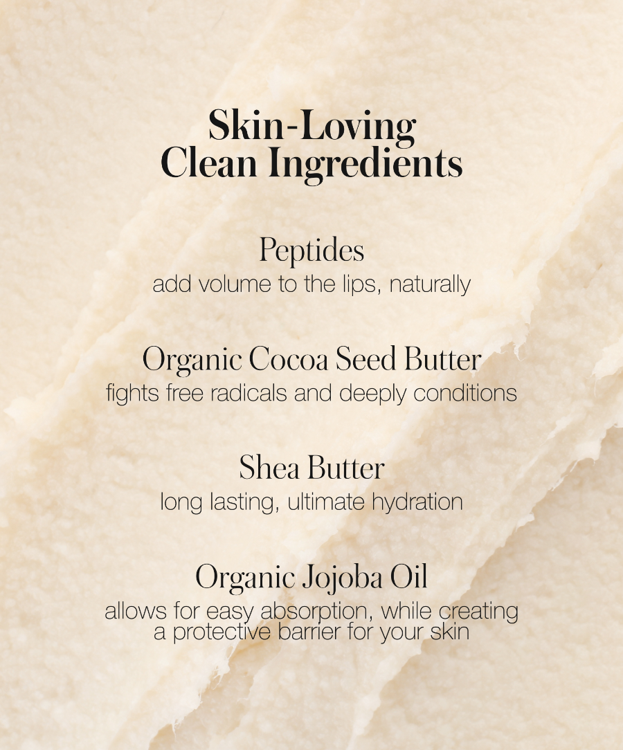 Close-up of a creamy textured background with text highlighting skin-loving clean ingredients including peptides for natural lip volume, organic cocoa seed butter for conditioning, shea butter for hydration, and organic jojoba oil for absorption and protection in Liplights Cream Lip Gloss.