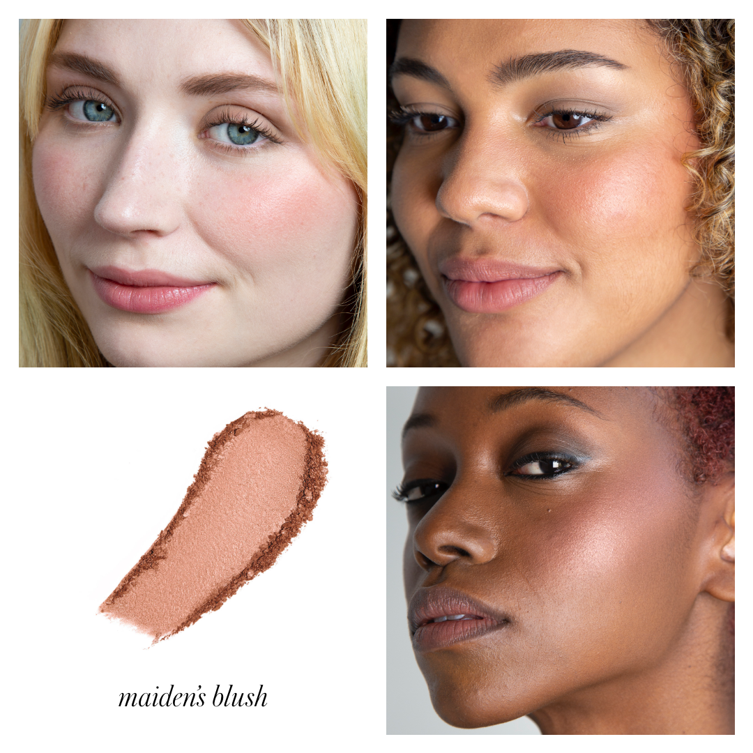 Close-up collage of three diverse women wearing soft, natural blush and a creamy, warm rosy powder swatch labeled "maiden’s blush," highlighting the smooth, radiant finish of ReDimension Hydra Powder Blush.